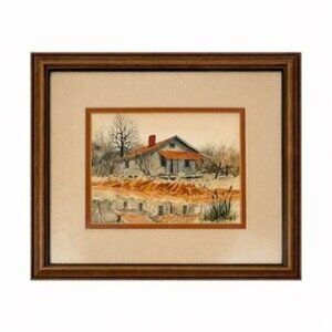 Watercolor Wall Art Old Farmhouse Shadow on Pond Artist Signed Matted Framed Vin